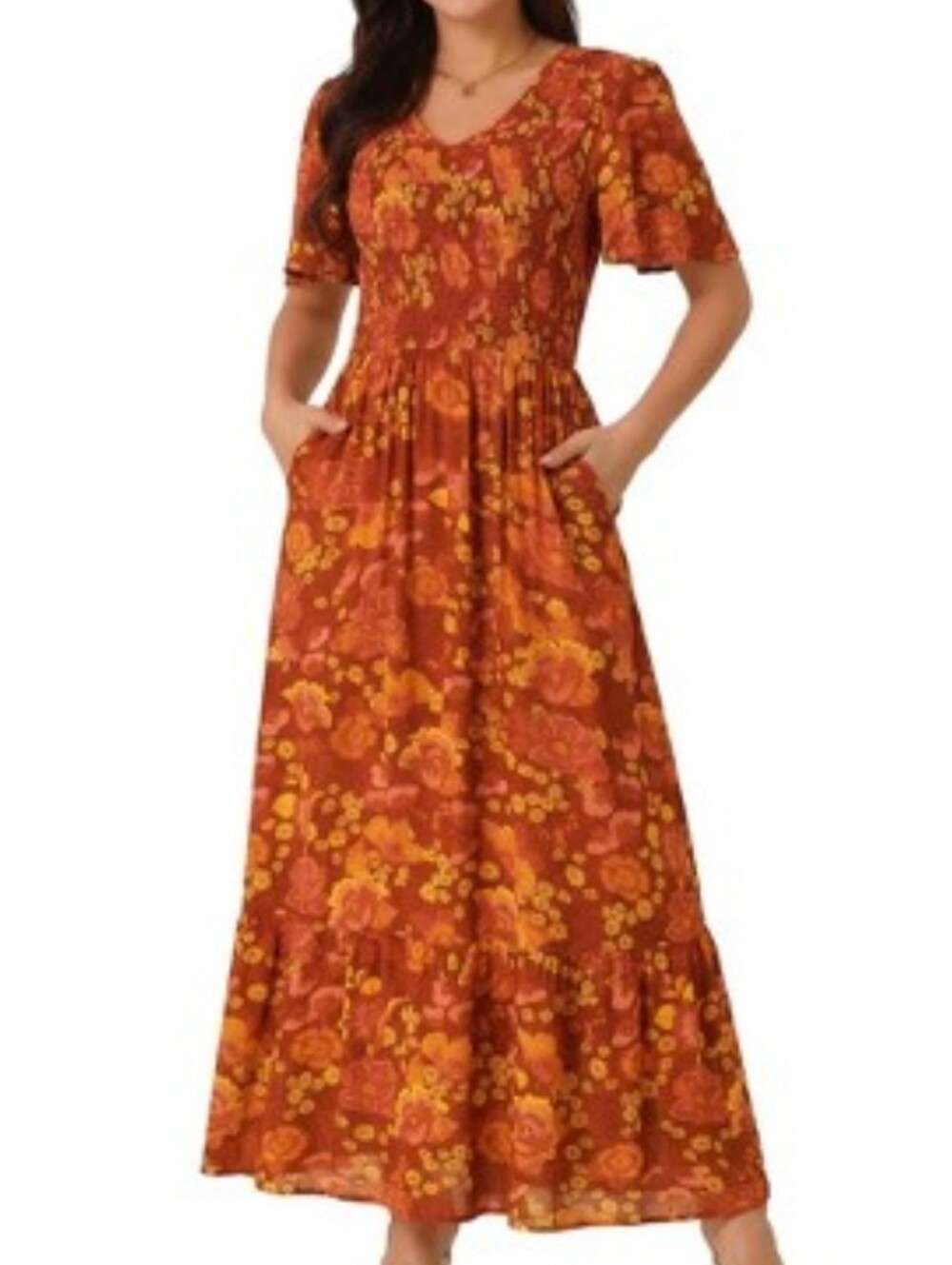 Nwt Seta T Orange Fall Floral Smocked Top Midi/Maxi Dress